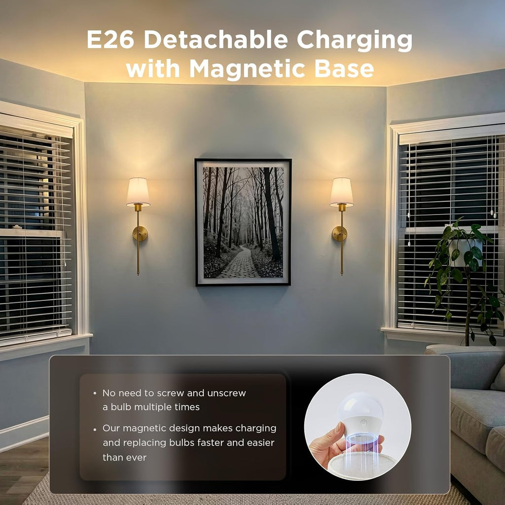 Battery Operated Wall Sconces Set of Two, RGBWW Wireless Rechargeable Wall Lights with Dimmable Magnetic Bulbs and