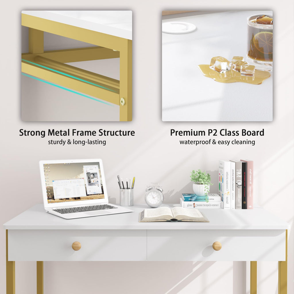 Computer Desk with Drawers, Home Office Workstation, White Gold