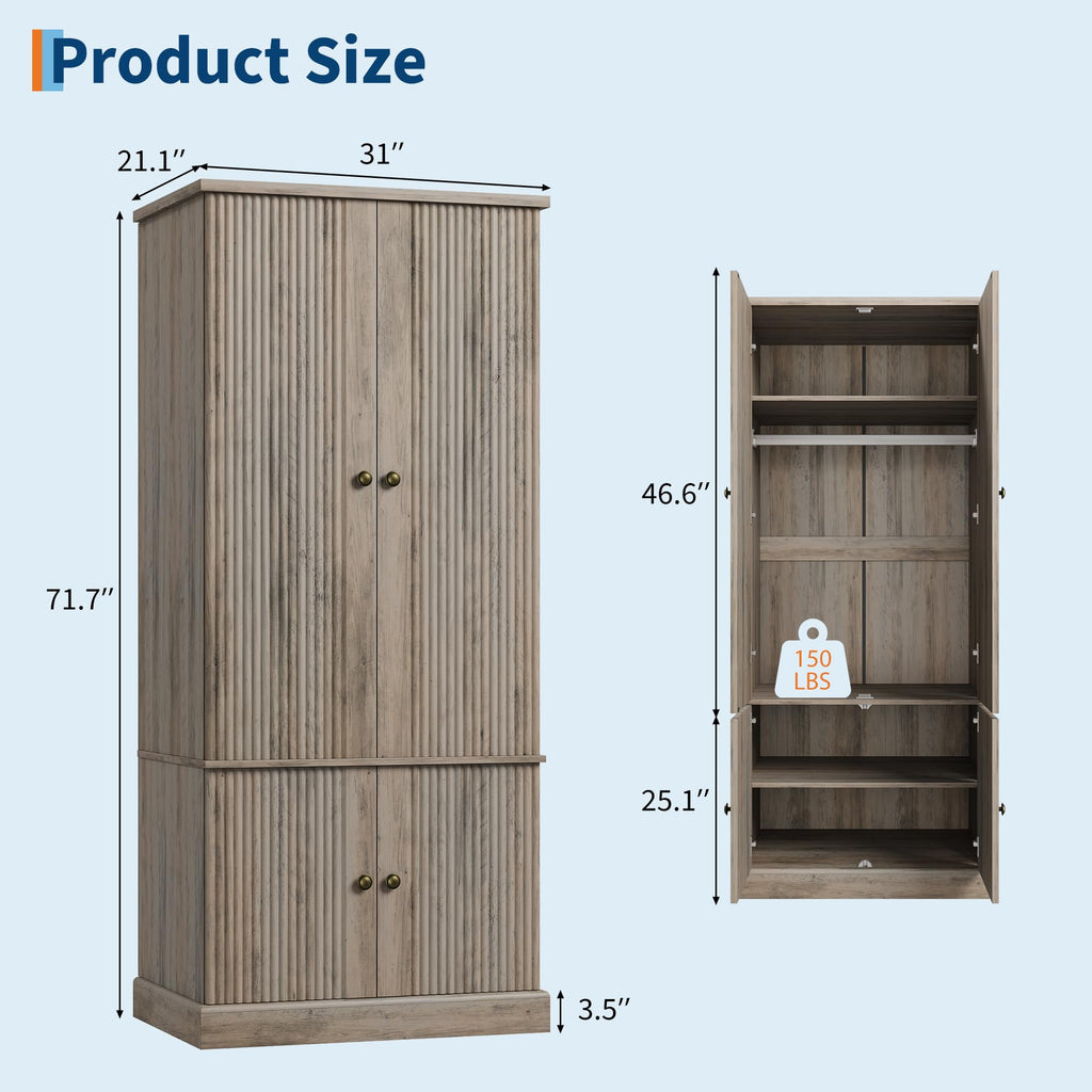 72" Wood Armoire Wardrobe Closet, Fluted, 4 Doors, Retro Gray