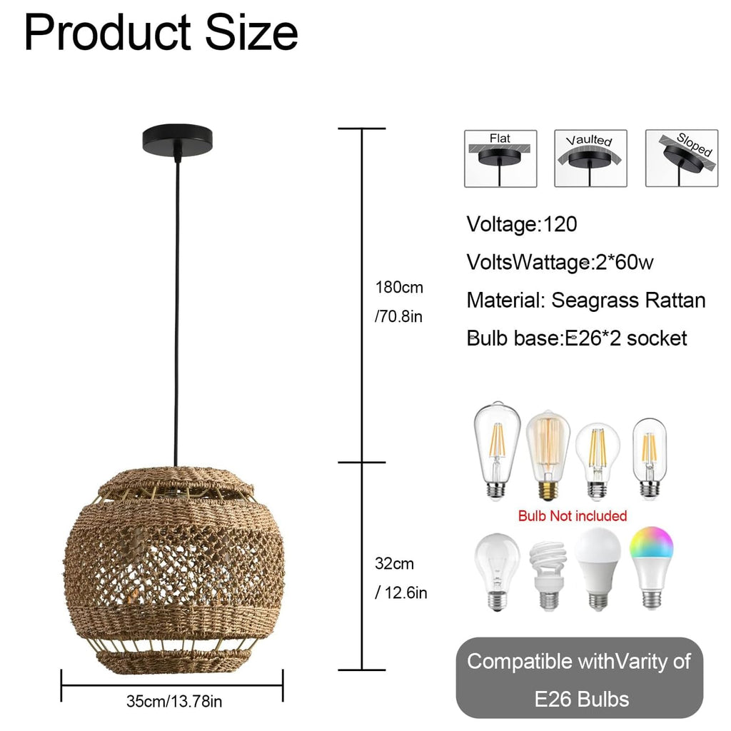 13.8" Woven Rattan Pendant Light, Wicker Hanging Light