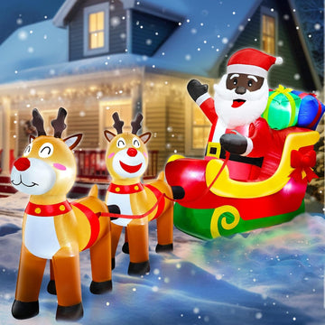 8 Ft Long Christmas Inflatables Black Santa Claus On Sleigh with Reindeer