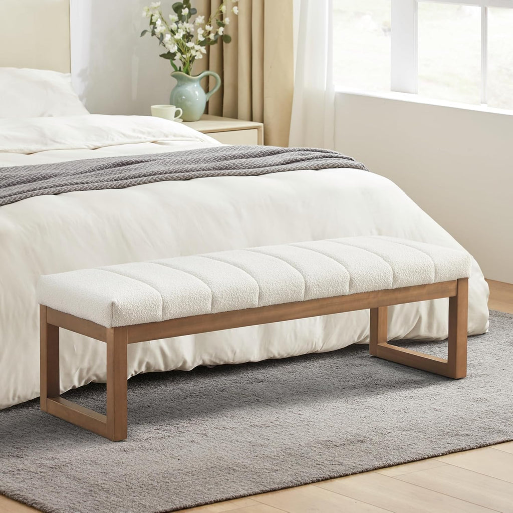 52.7" Bedroom Bench for End of Bed, Modern Upholstered Teddy Fabric Entryway Bench & Dining Bench, Footrest Stool