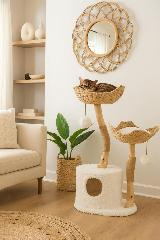 Cat-Tree Tower | Modern Cat Furniture | Real Wood Branch Scratching Post | White | 46"