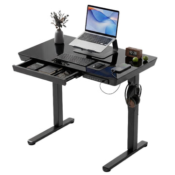 Small Glass Standing Desk with Drawers & USB Ports 32x19 Black