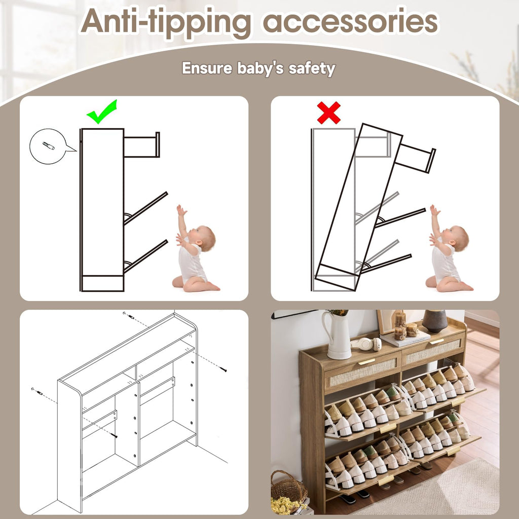 Rattan Shoe Storage Cabinet with 4 Flip Drawers & 2 Drawers, Freestanding Organizer for Front Door Entrance, Hidden