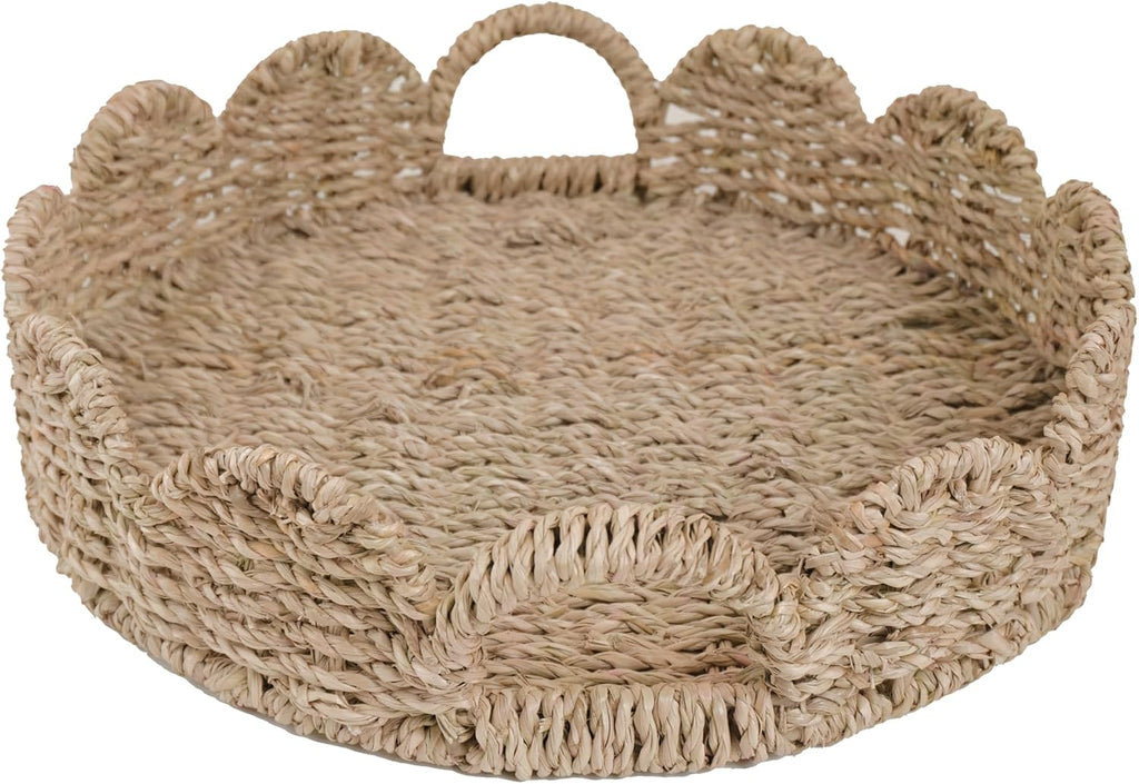 Seagrass Scalloped Tray with Handles,Round Rattan Serving Trays for Coffee Table,Woven Tray for Ottoman Decorative
