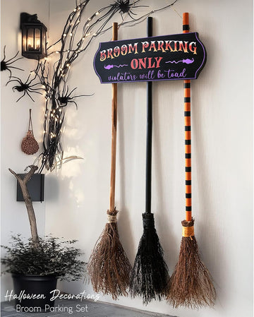 Halloween Decorations - Broom Parking Sign with 3 Wooden Witches Brooms - Set of 4