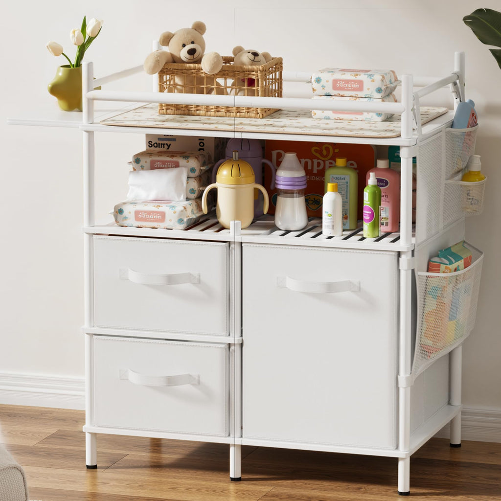 Baby Changing Table, Bamboo Baby Dresser Table with Flat Top, Diaper Changing Station with 3 Removable Storage