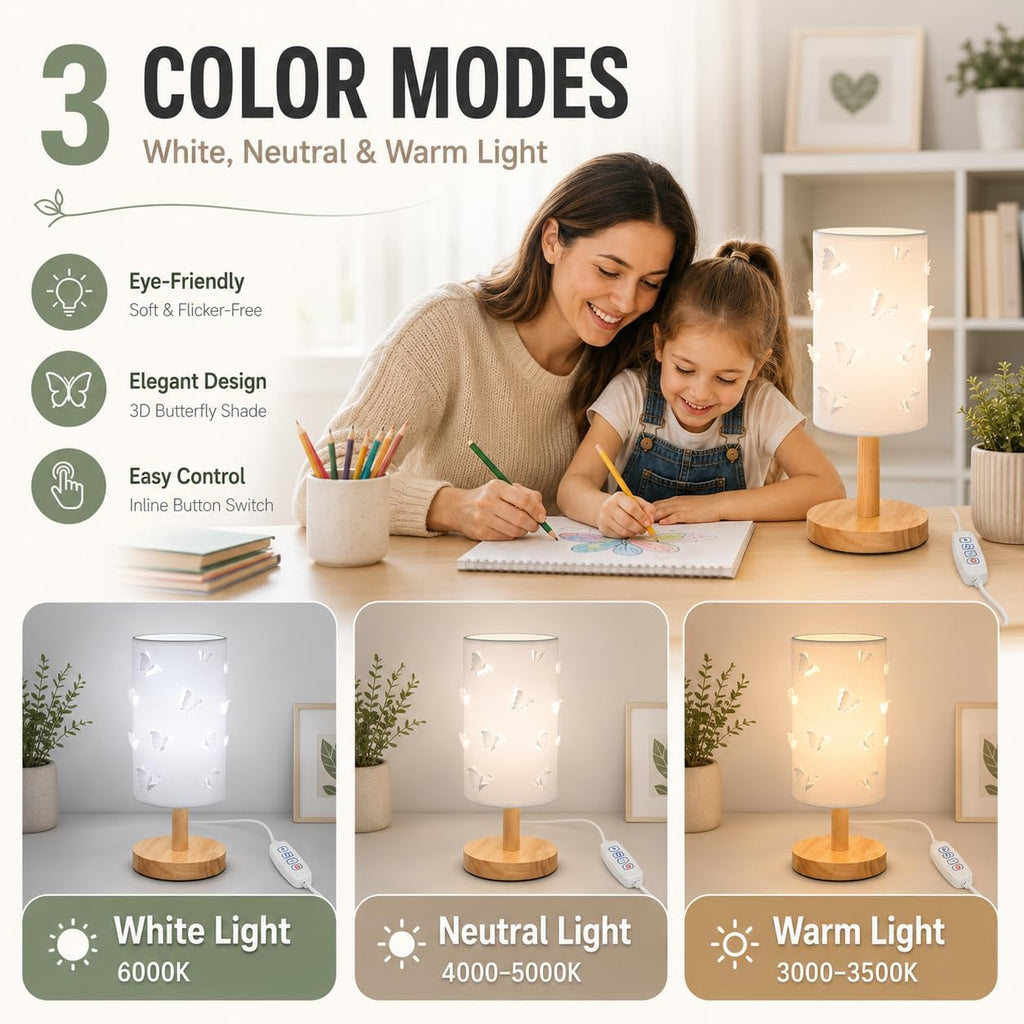 Dimmable Butterfly Lamp for Kids Room, Wood Bedside Lights,Kids Lamp