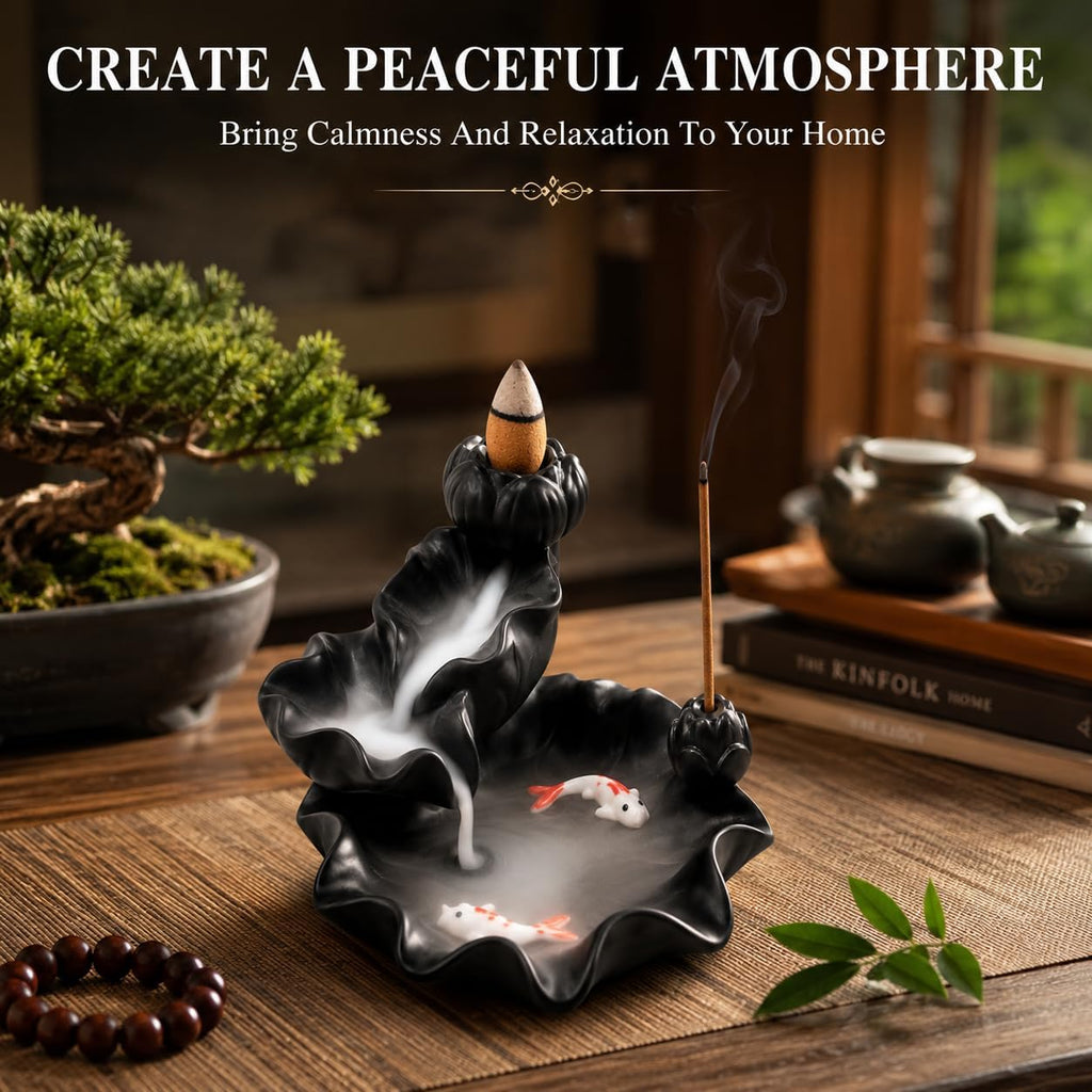Ceramic Waterfall Backflow Incense Burner Holder, Home Aromatherapy Decoration Ornament with 30 Backflow Incense - Set of 83