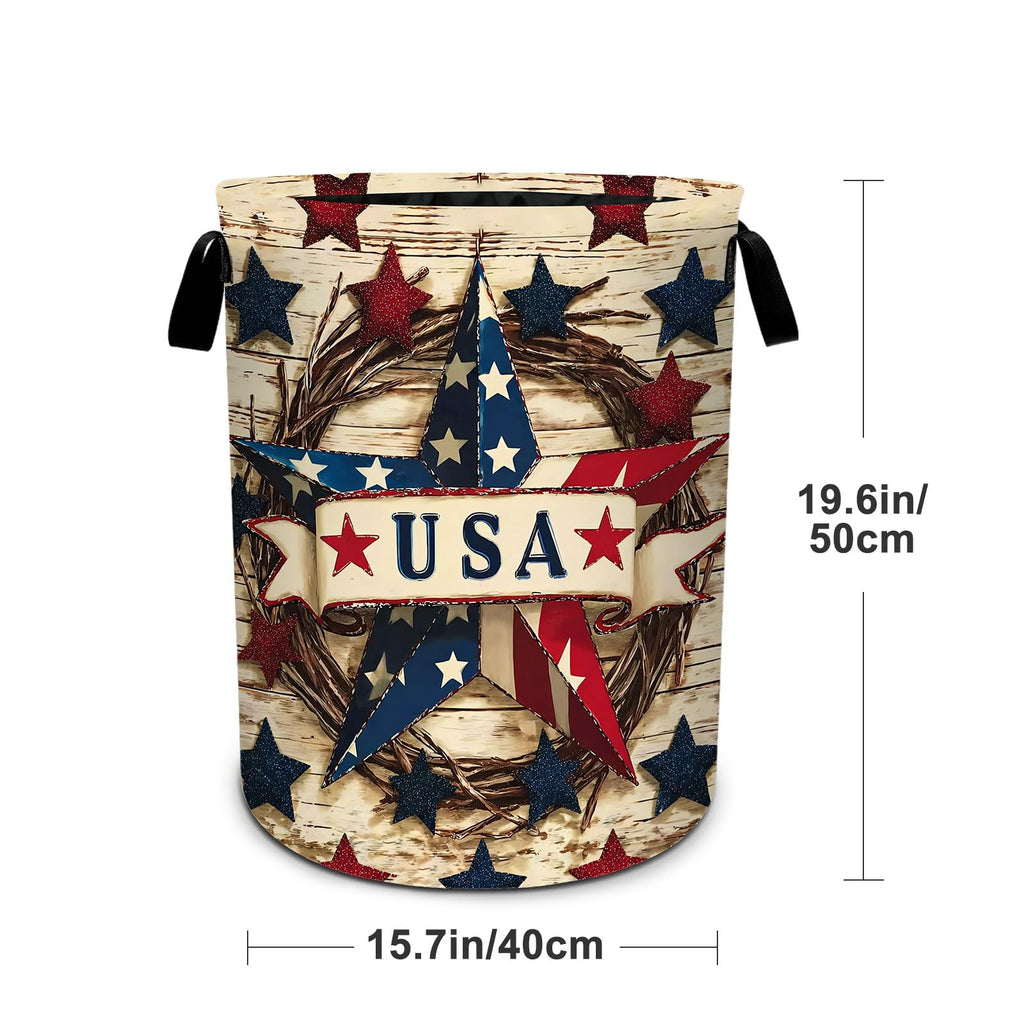 4th of July Wooden Print Star Laundry Basket Foldable Laundry Hamper With Handles Clothes Storage Bucket Organizer