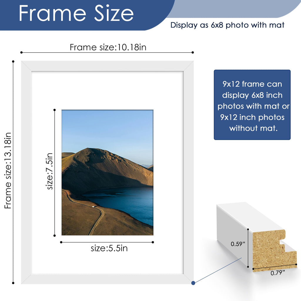 9x12 Picture Frame Set of 6, Wall or Tabletop Display, White