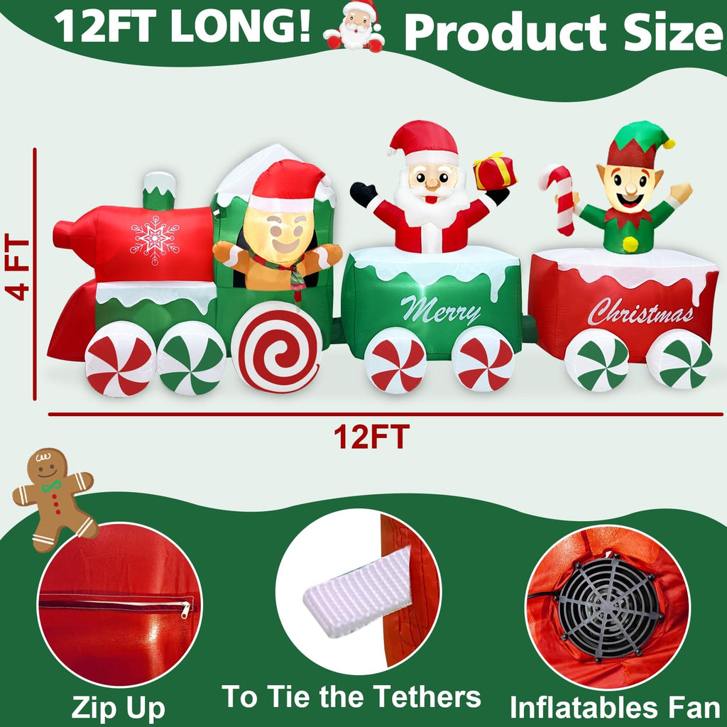Extra Long 12 Ft Christmas Inflatables Train with Santa Claus Gingerbread Man Elf Blow Up Inflatable Outdoor