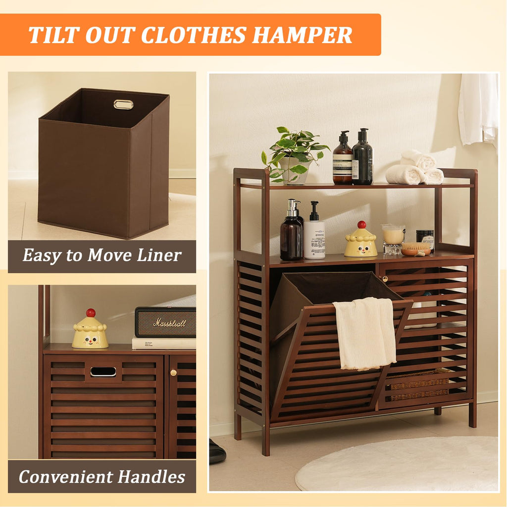 Tilt Out Laundry Hamper, Bamboo Double Laundry Hamper with Shelf