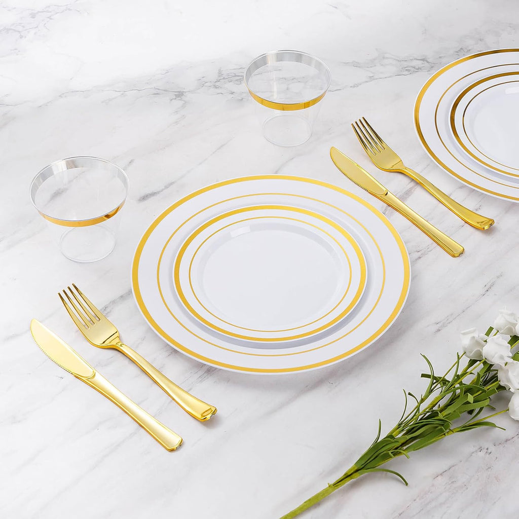 600 Pieces Gold Disposable Plates for 100 Guests, Plastic Plates for Party