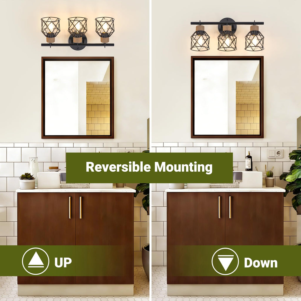 3-Light Farmhouse Bathroom Vanity Light Fixtures Over Mirror, Matte Black Vanity Lights with Metal Cage Lampshade