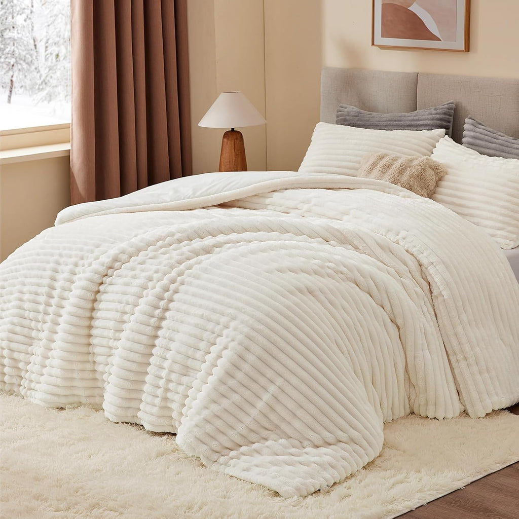 Fleece Queen Comforter Set -Super Soft & Warm Fluffy Cream White Bedding