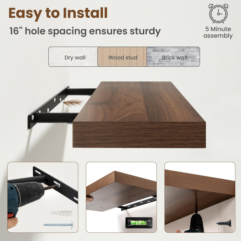 48 Inch Floating shelves for Wall, 8 Inch Deep, Invisible Brackets, Walnut