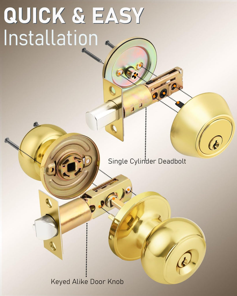 2 Pack Keyed Alike Front Door Knob and Deadbolt Set, Entry Door Locksets with Single Cylinder Deadbolt, Polished