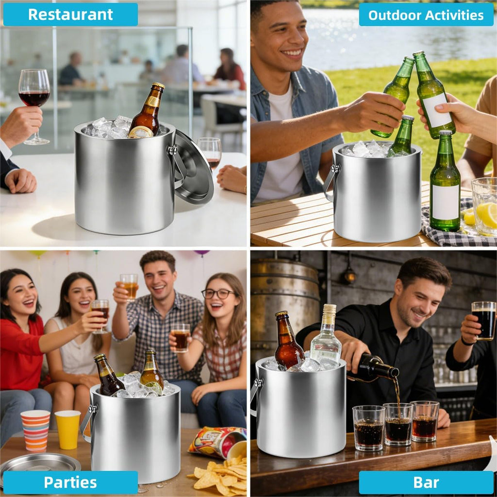 4L Double-Wall Stainless Steel Ice Bucket with Lid & Tongs