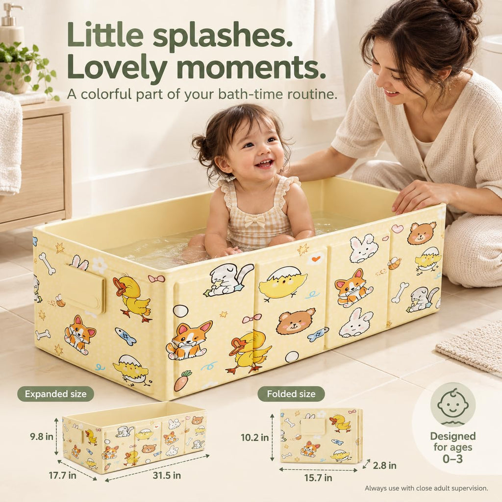Foldable Baby Bathtub with Cute Animal Print, Portable Infant Bath Tub,31.5x17.7x9.8 Inch Expanded (Yellow)