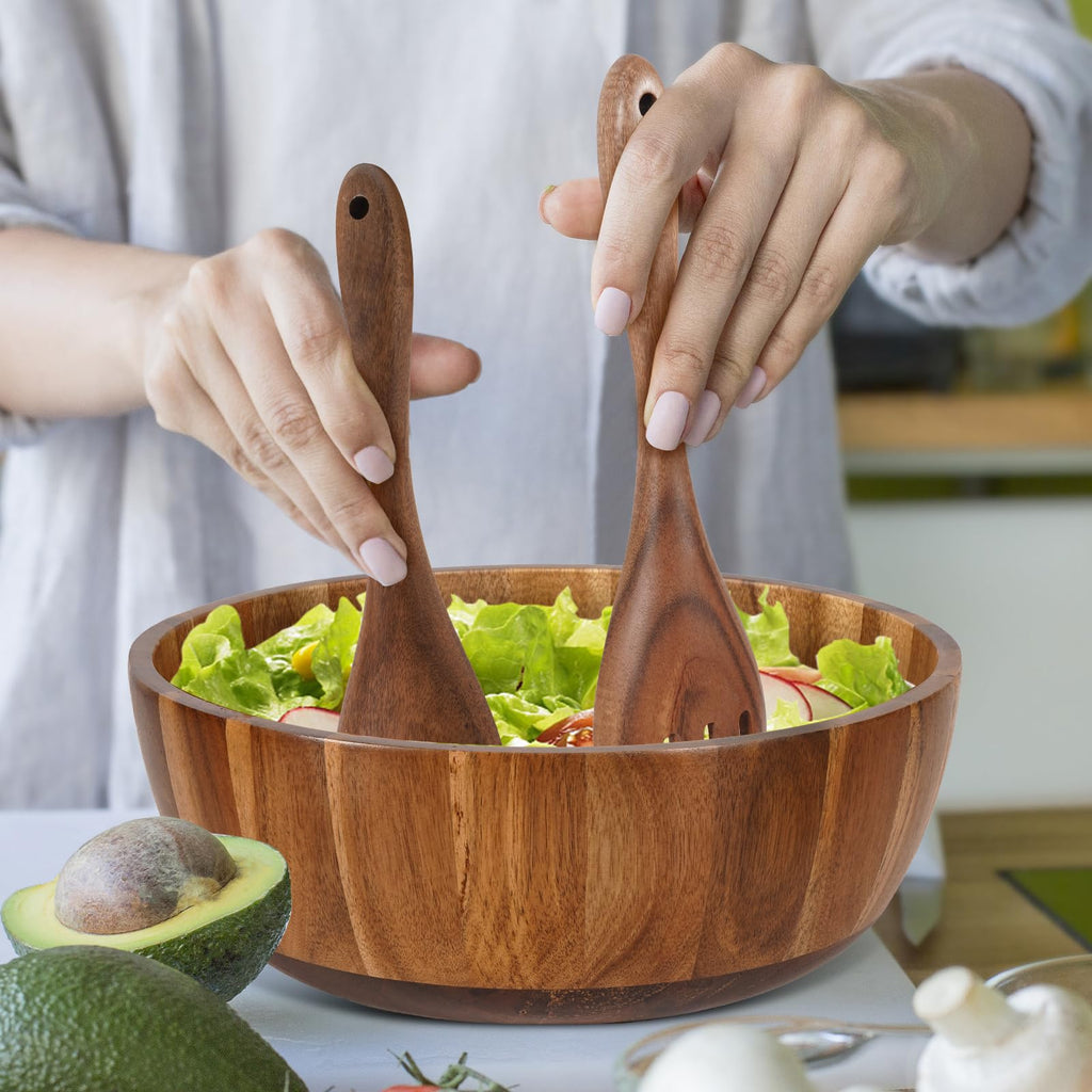 Wooden Salad Bowl Set 11.8 Inch - Acacia Large Wood Salad Bowl with Wooden Serving Utensils, Big Salad Bowls