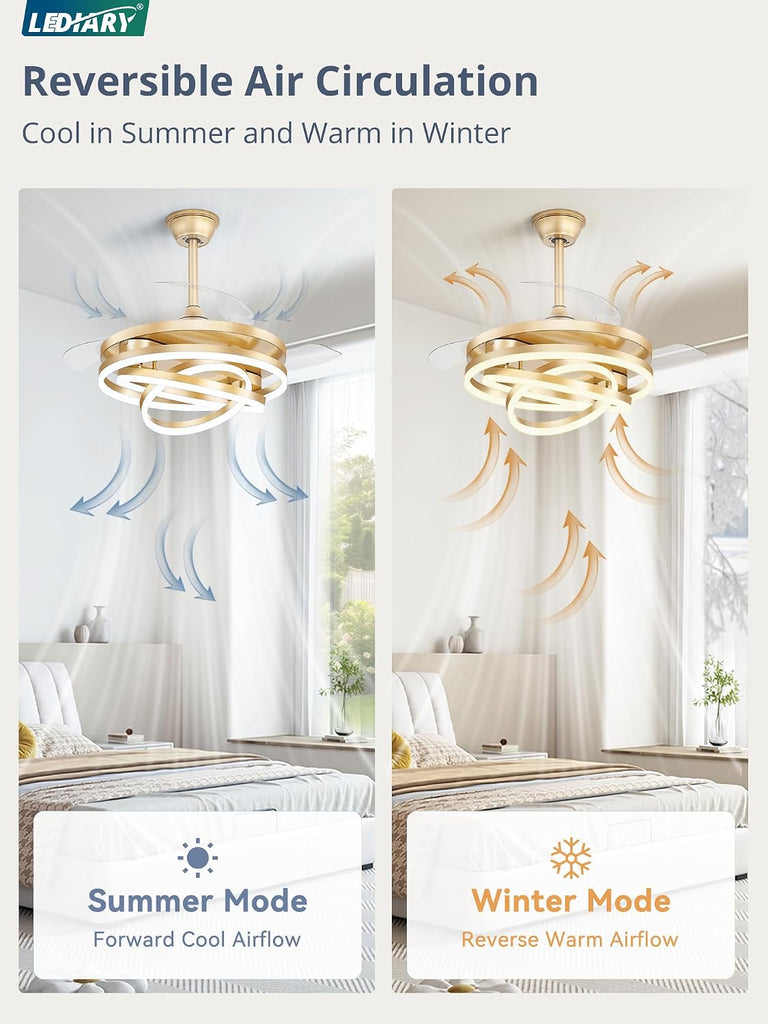 42 Inch Retractable Ceiling Fan with Lights, Modern Gold Fandelier