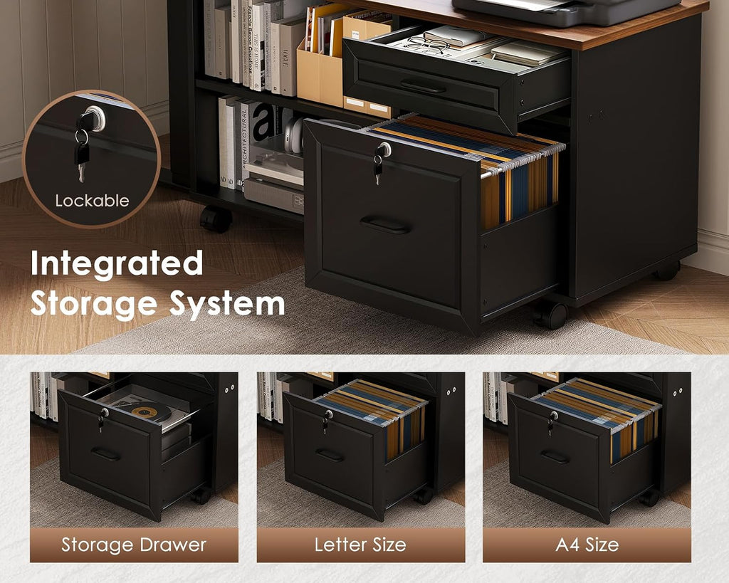 55" L Shaped Electric Standing Desk with Cabinet Sets, Walnut/Black | Mobile Drawers & File Cabinet Sets for Flexible