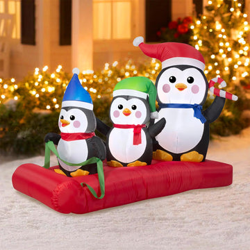 5.1 FT Christmas Inflatables Penguin Family On Sled Scene, Blow up Penguin Decoration Built-in 5 LED, Penguin Sleigh