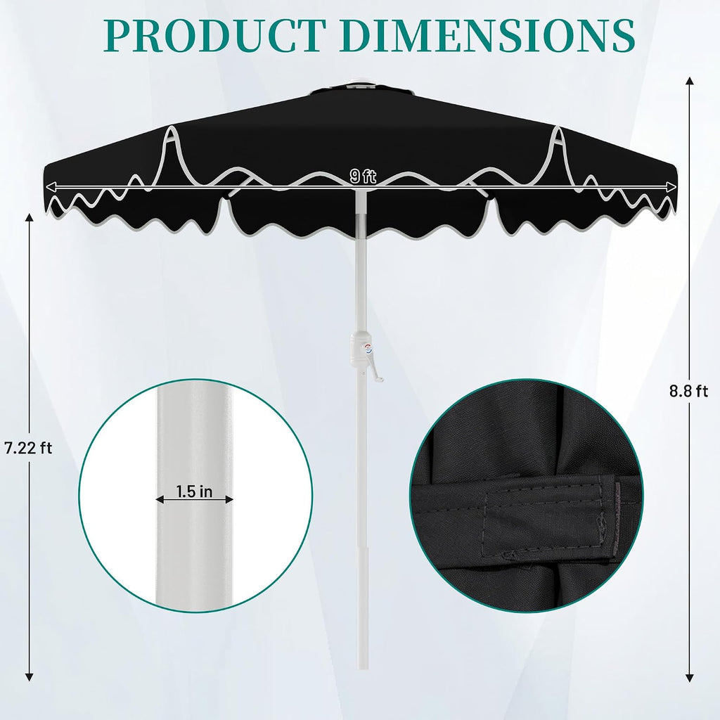 Patio Umbrella with Wavy Trim, UV-Fade-Resistant Canopy, Crank & Tilt - Black 9ft
