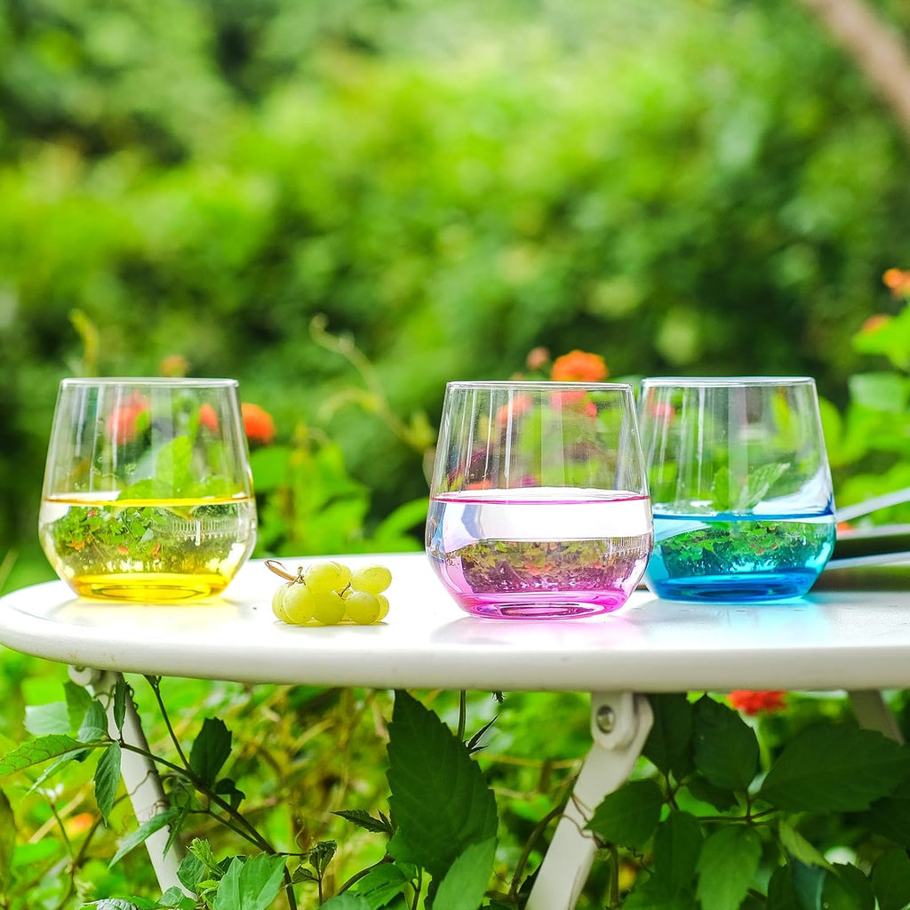 Stemless Wine Glasses Set of 6 - Hand Blown Colored Short Wine Tumblers - 15 oz Elegant Sparkling Wine Glass - Unique