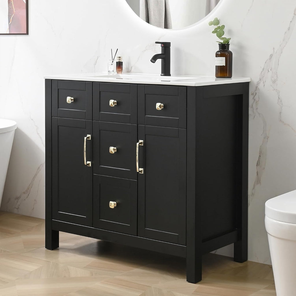 16-Inch Modern Bathroom Vanity with Sink – Compact Freestanding Storage Cabinet with Adjustable Shelf, Black