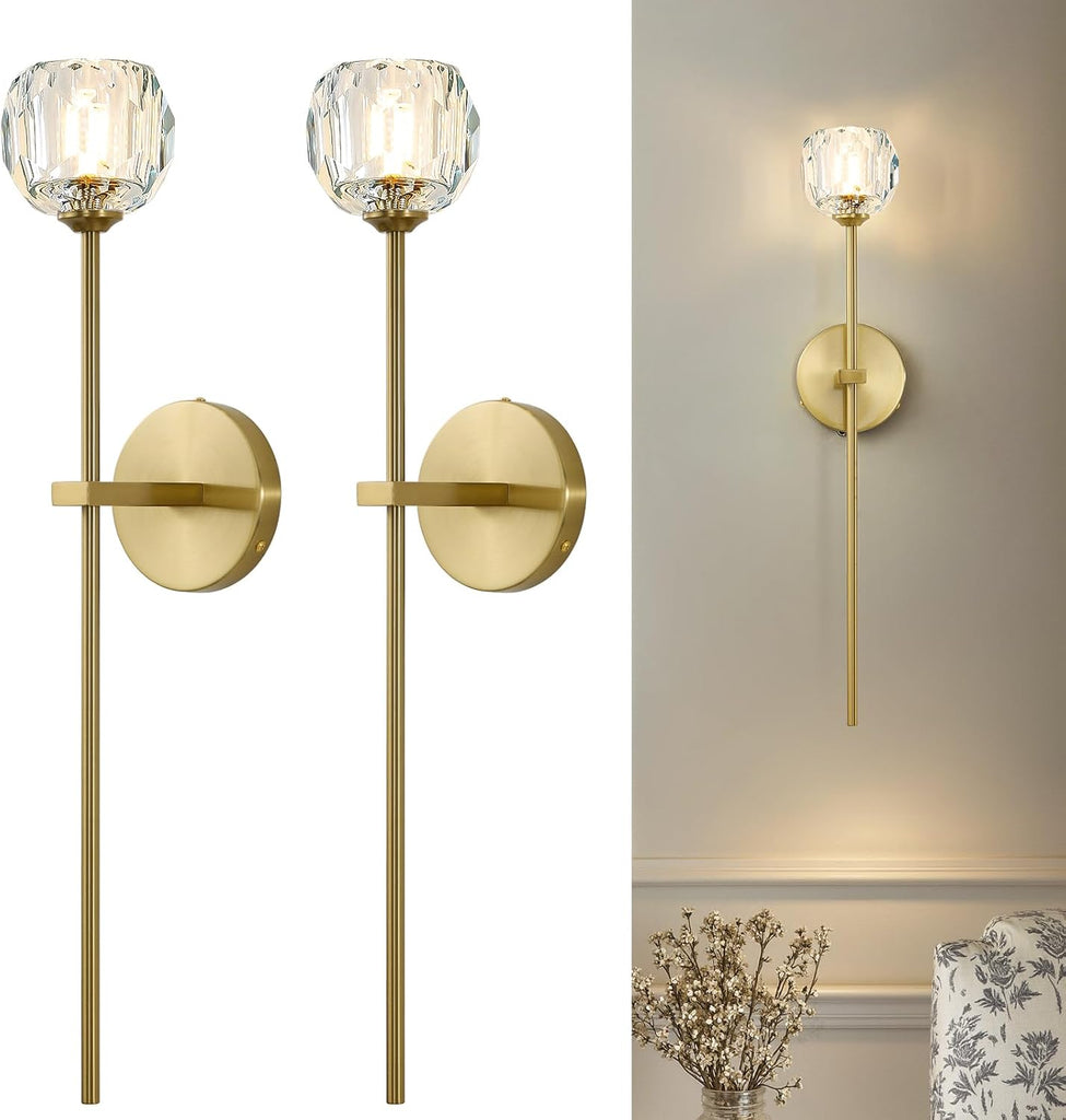 Gold Crystal Wall Sconces Set of Two with G9 Bulbs, Mid Century Modern Diamond Light Brass Vintage Long Lighting