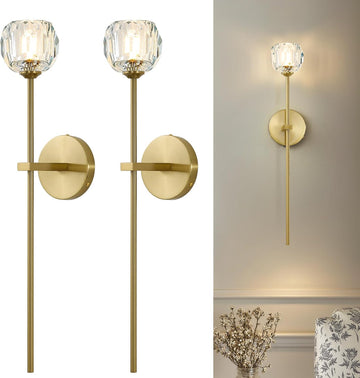 Gold Crystal Wall Sconces Set of Two with G9 Bulbs, Mid Century Modern Diamond Light Brass Vintage Long Lighting