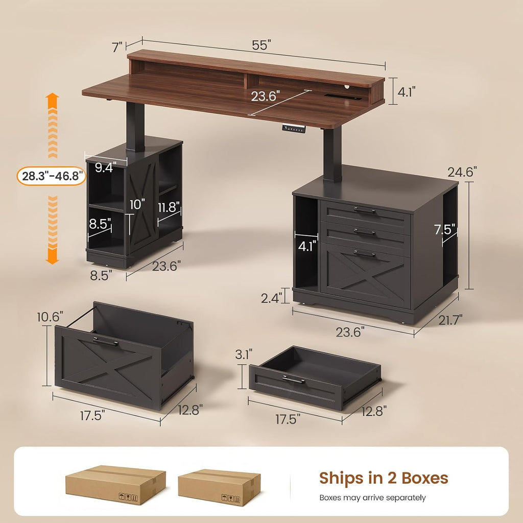 Farmhouse Electric Standing Desk with 3 Drawers and File Cabinet | 55" Height Adjustable Computer Desk with Storage