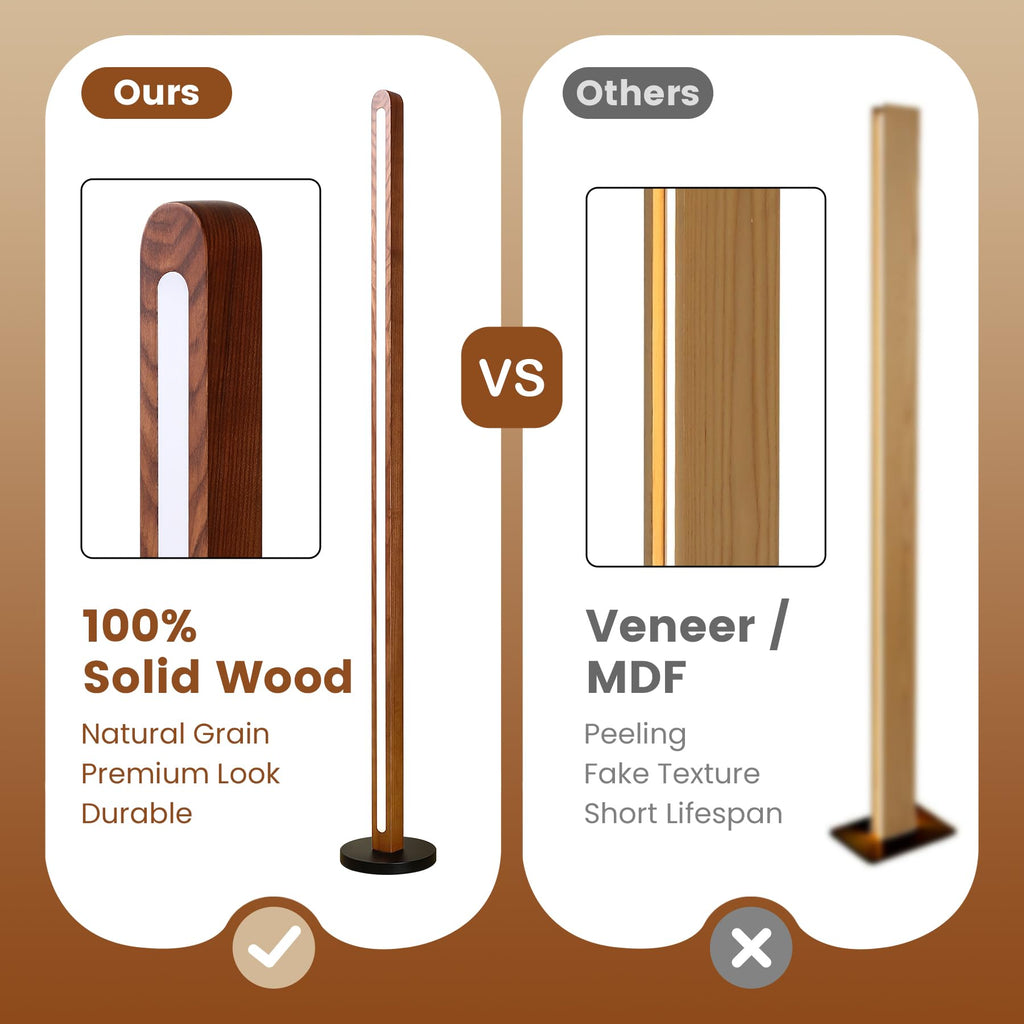 Handcrafted Walnut Ash Solid Wood Floor Lamp, Modern Dimmable Corner LED Standing Light with Remote & Foot Switch