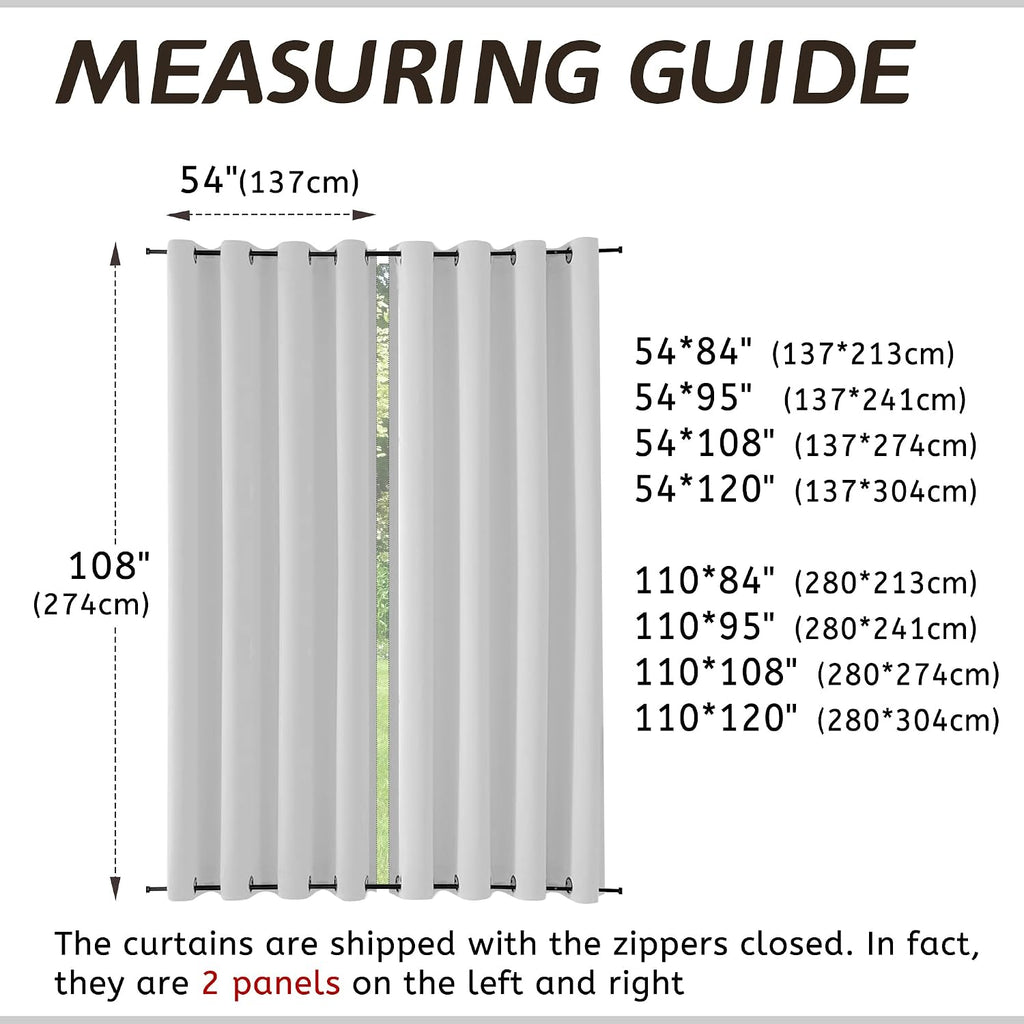 Outdoor Curtains Waterproof 2 Panels Blackout Curtains 108 inch Long with Zipper Top & Bottom Grommet Sun Blocking