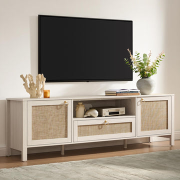 Rattan TV Stand for TVs up to 75 Inch, White Entertainment Center