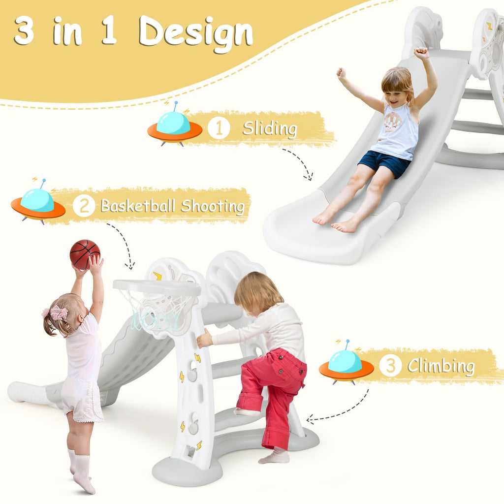 Toddler Slide, 4 in 1 Indoor Kids Slide Wave Slideway Max Load 330lb for Age 18+ Months with Basketball Hoop Ball