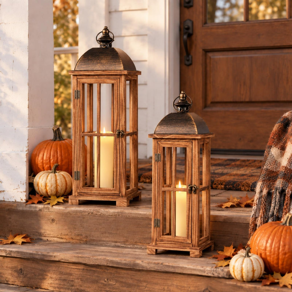 Large Decorative Lanterns, 2 Pack Farmhouse Wood Lanterns Indoor Outdoor