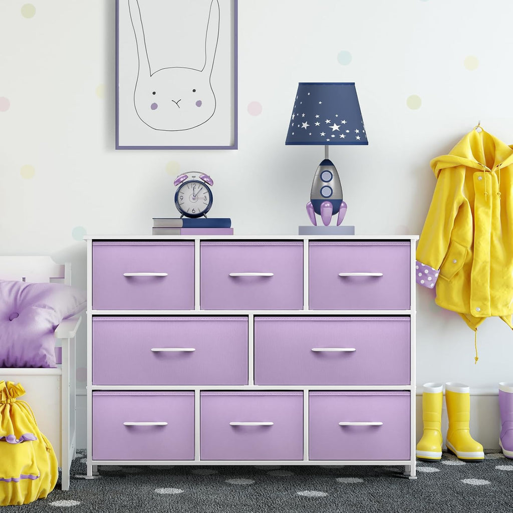 Kids Dresser with 8 Drawers - Chest Organizer Unit with Steel Frame Wood Top & Handle, Fabric Bins for Clothes - Wide