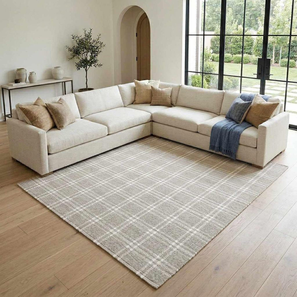 Dhyana Wool Living Room, Bedroom Area Rug - Plaid Checkered Geometric Striped - Contemporary Modern Minimalist