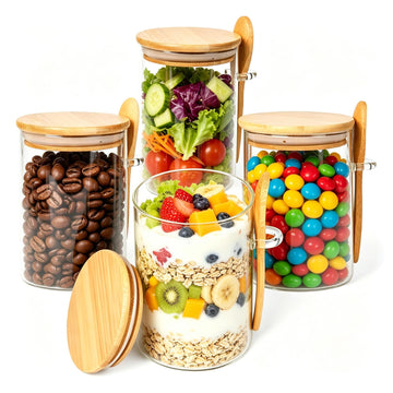 Airtight Glass Jars With Bamboo Lids And Spoons, 15oz Glass Canisters With Lid For Spice Beans Tea, Sealed Sugar