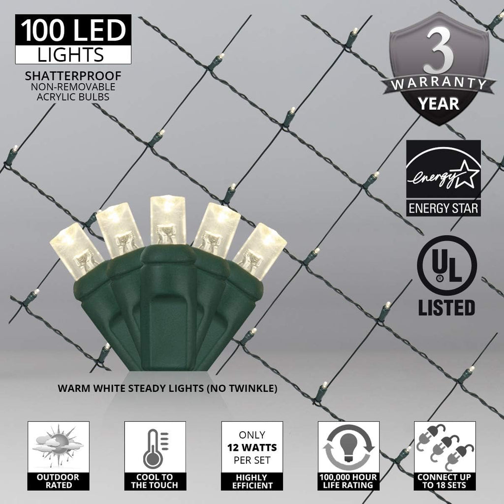 Set of 100 Warm White LED Net Lights - Christmas Outdoor Decorations, Green Wire (4 x 6 ft, 5mm Lights)