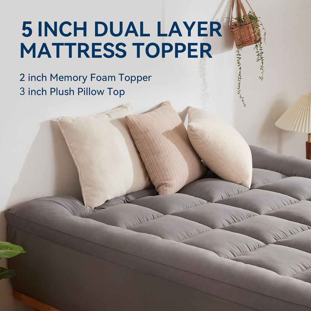 Dual Layer 5 Inch Memory Foam Mattress Topper King Size, 2 Inch Gel Memory Foam Plus 3 Inch 1450 GSM Down Alternative