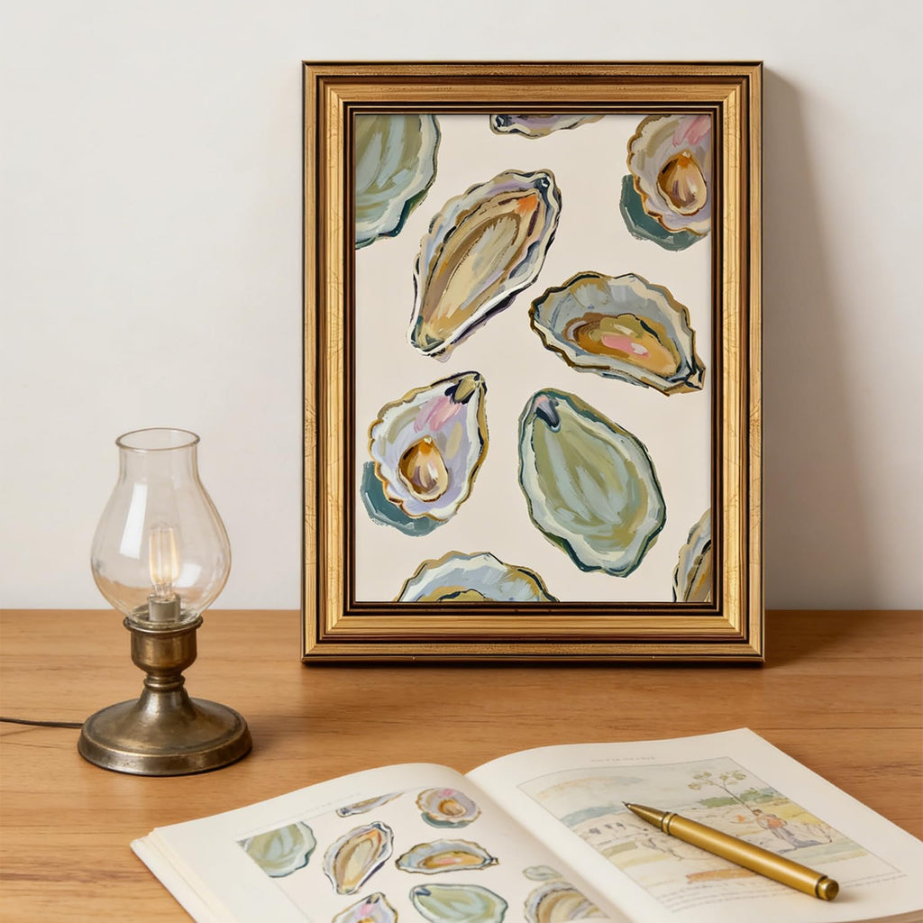 Vintage Gold Framed Wall Art Abstract Coastal Oyster Shell Painting Picture Wall Decor Coastal Beach House Poster