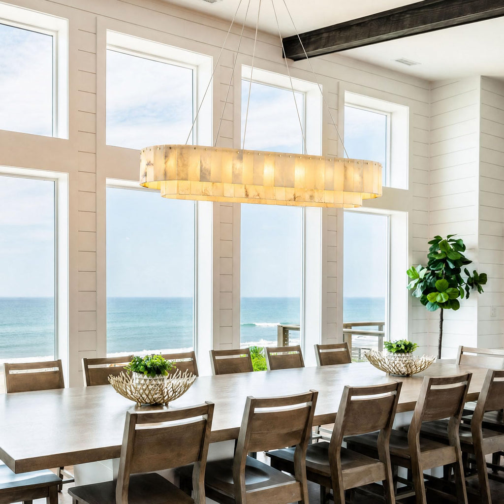 48 Inch Large Rectangular Alabaster Chandelier, 18 Light Modern Linear Pendant Light with Natural Stone Panels