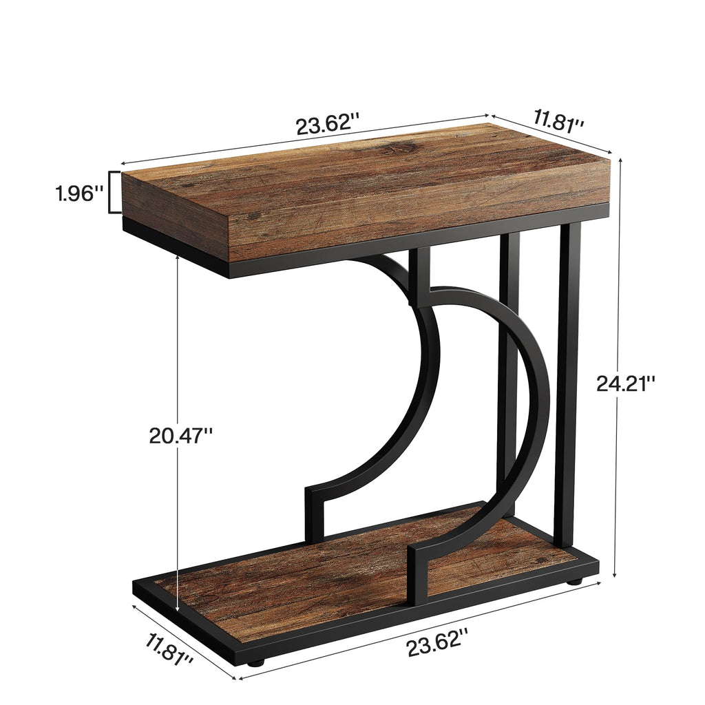 Narrow Side Table for Couch, C Shaped End Table with Metal Frame, Farmhouse Bedside Tables, Small Sofa Tables for