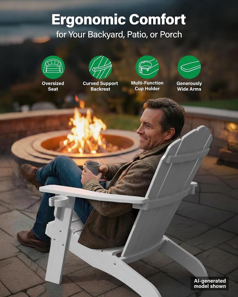 Oversized Adirondack Chair with Cup-Holder - Grey | Heavy Duty Poly Lumber Outdoor Fire Pit Chair, Weather Resistant