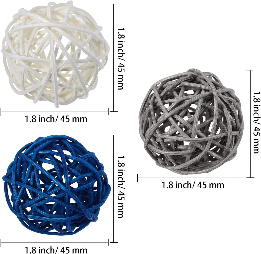 Decorative Wicker Rattan Ball, 1.8 in, Navy Blue Gray White - Set of 15